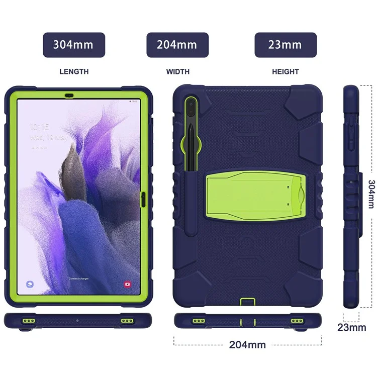 Kickstand Multi-Angle Adjustment PC + Silicone Hybrid Tablet Cover with Pencil Holder for Samsung Galaxy Tab S8+ / S7+ T970 / T975 / Tab S7 FE T730 / T735 / T736B / T736N - Navy Blue / Lime