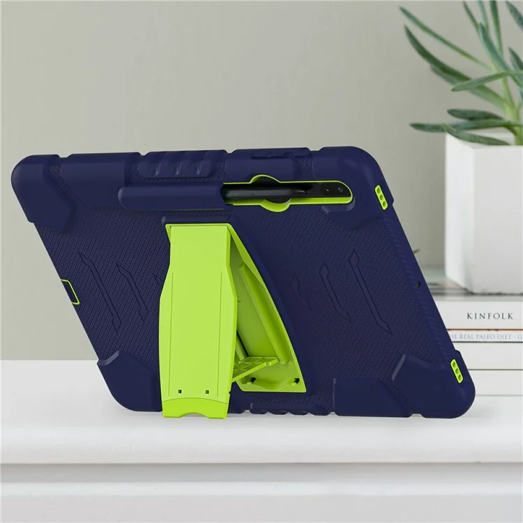 Kickstand Multi-angle Réglage PC + Couvercle de Tablette Hybride en Silicone Avec Porte-crayon Pour Samsung Galaxy Tab S7 Plus T970 / T975 / Tab S7 FE T730 / T735 / T736b / T736N - Bleu Marine / Citron Vert