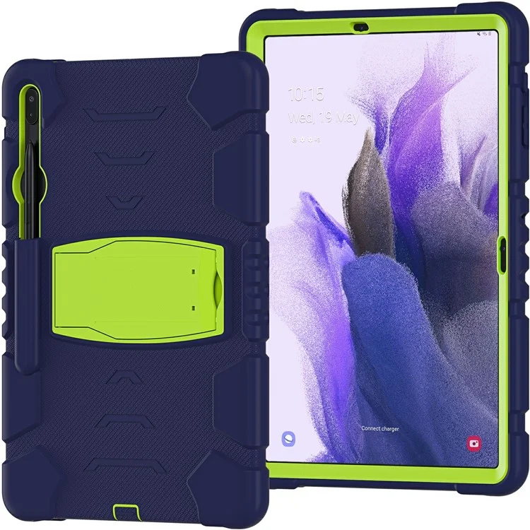 Ajuste de Kickstand Ajuste PC + Silicone Hybrid Taplet Tampa Com Porta-lápis Para Samsung Galaxy Tab S7 Plus T970 / T975 / Tab S7 fe T730 / T735 / T736b / T736N - Azul Marinho/limão