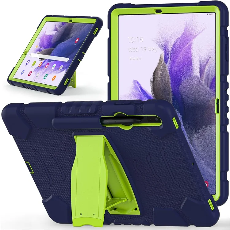 Kickstand Multi-angle Réglage PC + Couvercle de Tablette Hybride en Silicone Avec Porte-crayon Pour Samsung Galaxy Tab S7 Plus T970 / T975 / Tab S7 FE T730 / T735 / T736b / T736N - Bleu Marine / Citron Vert