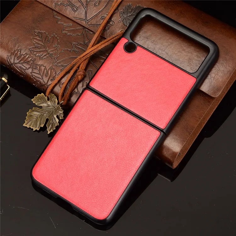 Housse de protection en PC rigide enduit de cuir PU à texture de litchi pour Samsung Galaxy Z Flip3 5G - Rouge