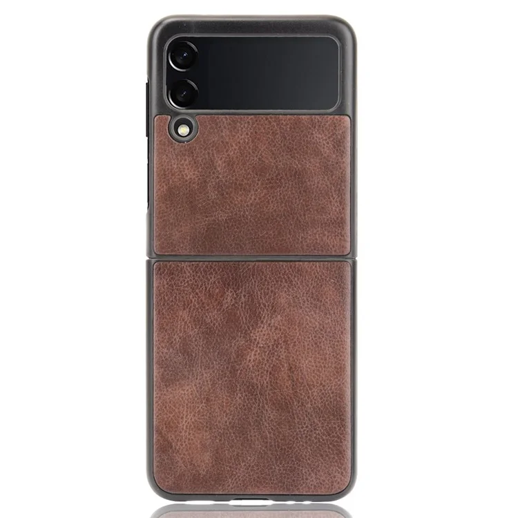 Housse de protection en PC durci avec revêtement en cuir PU de texture Litchi pour Samsung Galaxy Z Flip3 5G - Marron