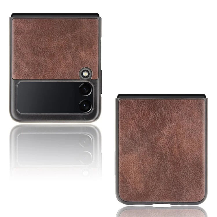 Housse de protection en PC durci avec revêtement en cuir PU de texture Litchi pour Samsung Galaxy Z Flip3 5G - Marron