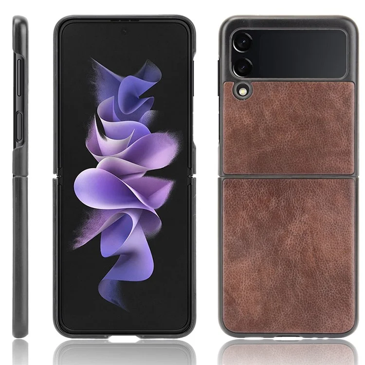 Housse de protection en PC durci avec revêtement en cuir PU de texture Litchi pour Samsung Galaxy Z Flip3 5G - Marron