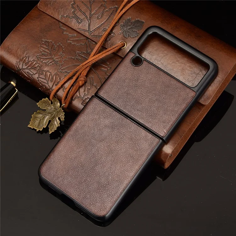 Housse de protection en PC durci avec revêtement en cuir PU de texture Litchi pour Samsung Galaxy Z Flip3 5G - Marron