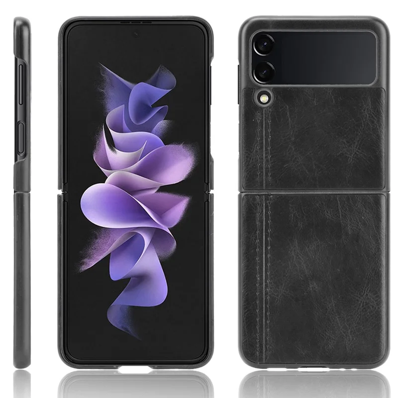 Stitching Line Design Slim PU Leather Coated Hard PC + TPU Protective Back Cover for Samsung Galaxy Z Flip3 5G - Black