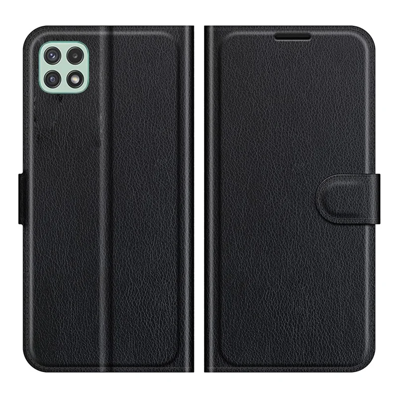 Folio Flip Litchi Skin Drop-Proof Leather Wallet Design Leather Case Stand Cover per Samsung Galaxy A22 5G (Versione UE) - Nero