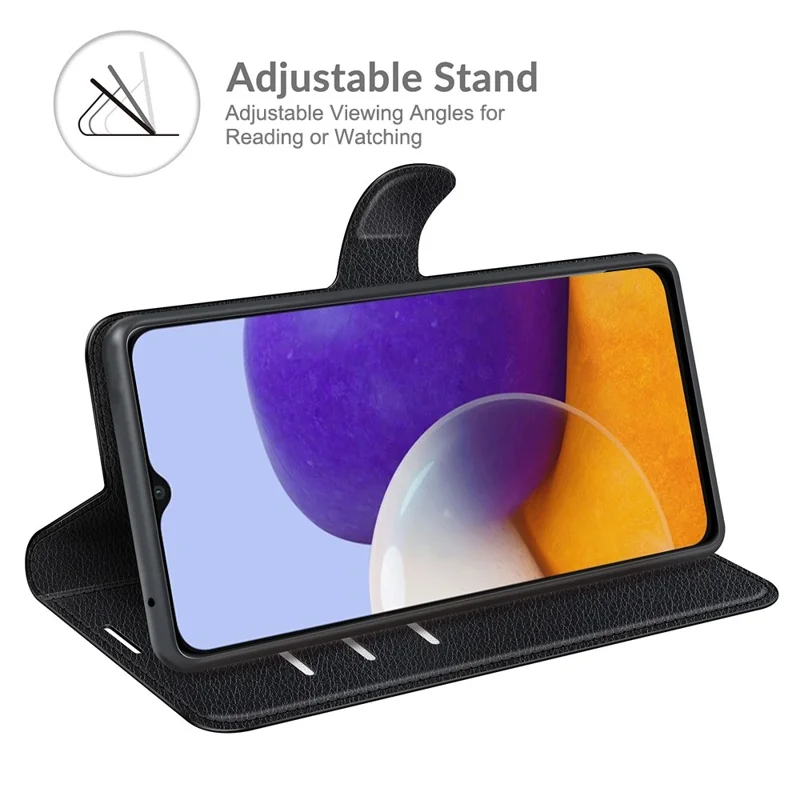 Folio Flip Litchi Skin Drop-Proof Leather Wallet Design Leather Case Stand Cover per Samsung Galaxy A22 5G (Versione UE) - Nero