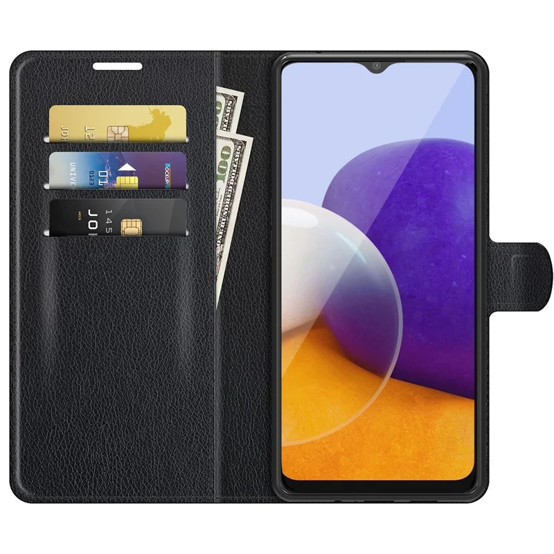 Folio Flip Litchi Skin Drop-Proof Leather Wallet Design Leather Case Stand Cover per Samsung Galaxy A22 5G (Versione UE) - Nero