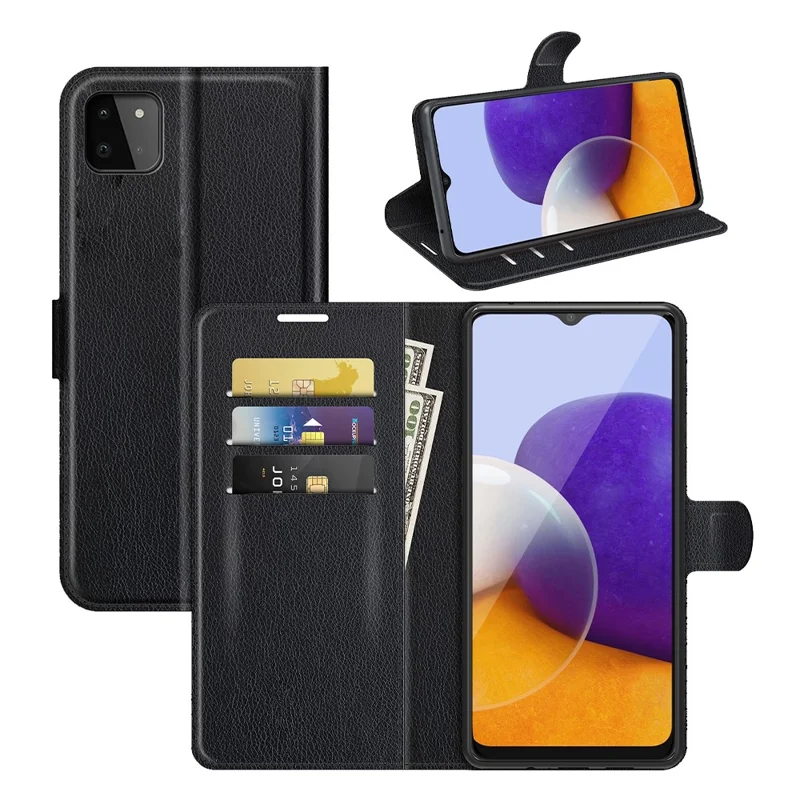 Folio Flip Litchi Skin Drop-Proof Leather Wallet Design Leather Case Stand Cover per Samsung Galaxy A22 5G (Versione UE) - Nero