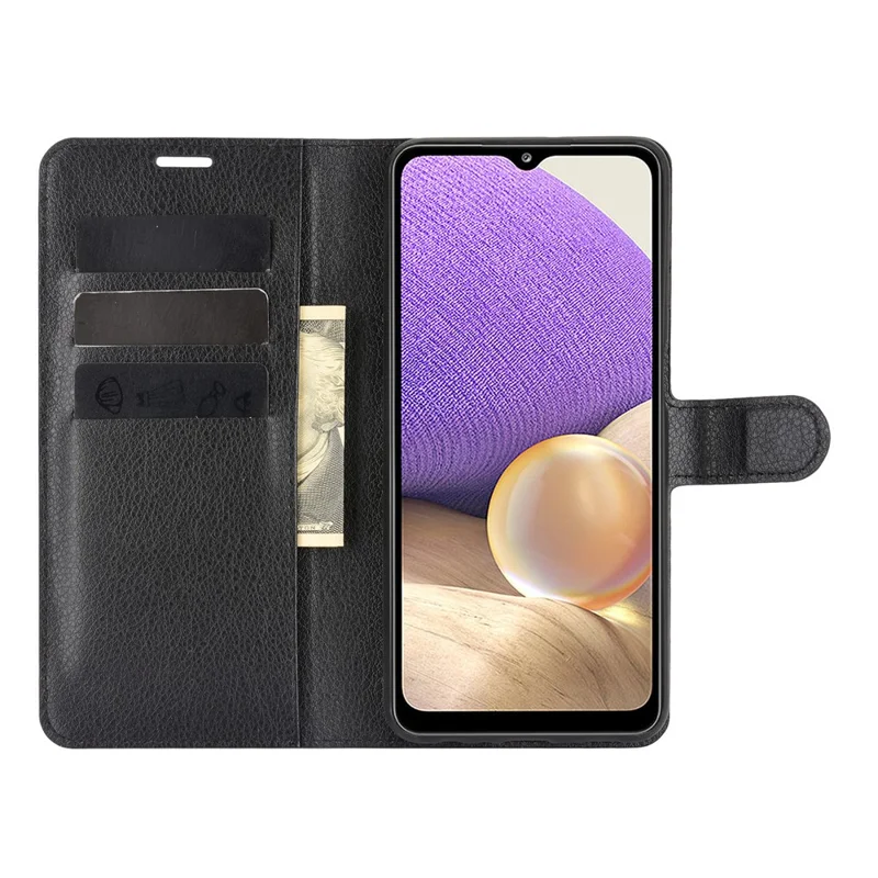Folio Flip Anti-Scratch Litchi Skin Leather Mobile Phone Wallet Stand Cover Case for Samsung Galaxy A32 4G (EU Version) - Black