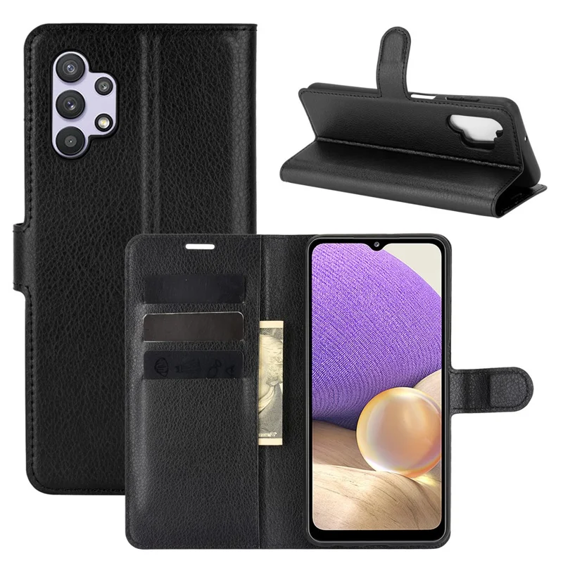 Folio Flip Anti-Scratch Litchi Skin Leather Mobile Phone Wallet Stand Cover Case for Samsung Galaxy A32 4G (EU Version) - Black