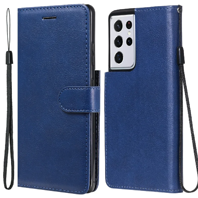 For Samsung Galaxy S21 Ultra 5G Case Solid Color Leather Mobile Cover Wallet Stand with Strap - Blue
