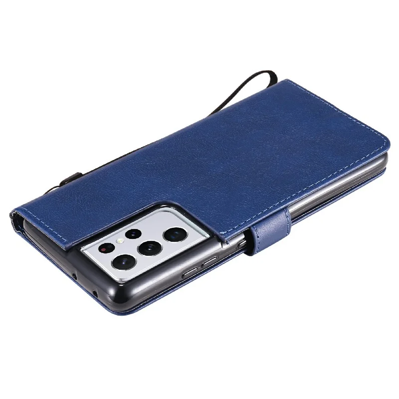 For Samsung Galaxy S21 Ultra 5G Case Solid Color Leather Mobile Cover Wallet Stand with Strap - Blue