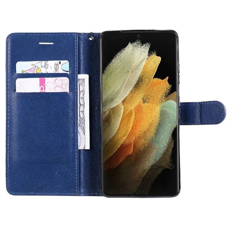 For Samsung Galaxy S21 Ultra 5G Case Solid Color Leather Mobile Cover Wallet Stand with Strap - Blue