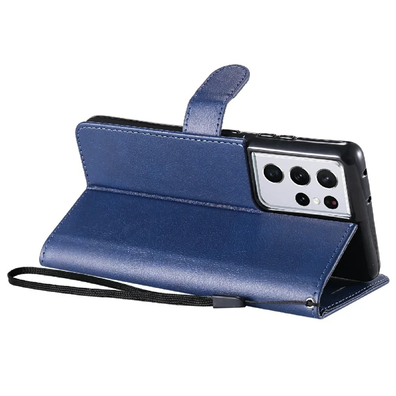 For Samsung Galaxy S21 Ultra 5G Case Solid Color Leather Mobile Cover Wallet Stand with Strap - Blue