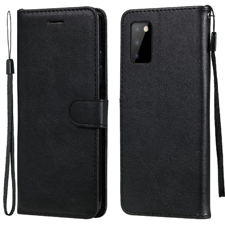For Samsung Galaxy A03s (166.5 x 75.98 x 9.14mm) Case Solid Color Leather Mobile Cover Wallet Stand with Strap - Black