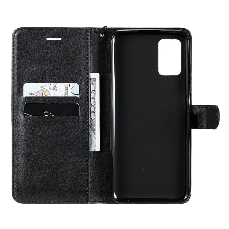 For Samsung Galaxy A03s (166.5 x 75.98 x 9.14mm) Case Solid Color Leather Mobile Cover Wallet Stand with Strap - Black