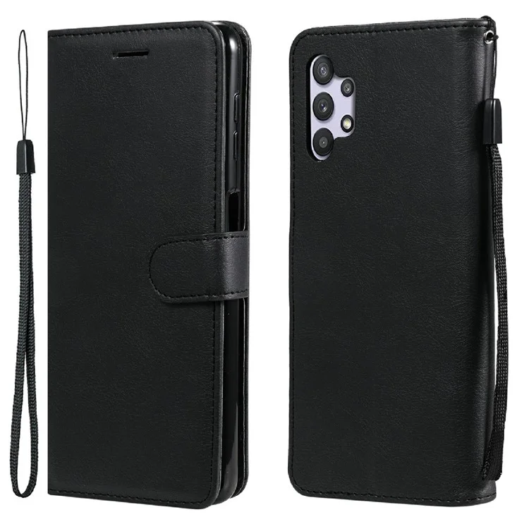 For Samsung Galaxy A32 5G / M32 5G Case Solid Color Leather Mobile Cover Wallet Stand with Strap - Black