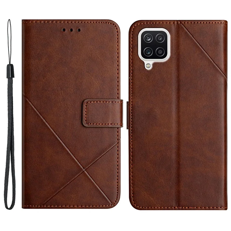 Solid Color Well-protected Wallet Stand Design PU Leather Phone Cover with Strap for Samsung Galaxy A12 - Coffee
