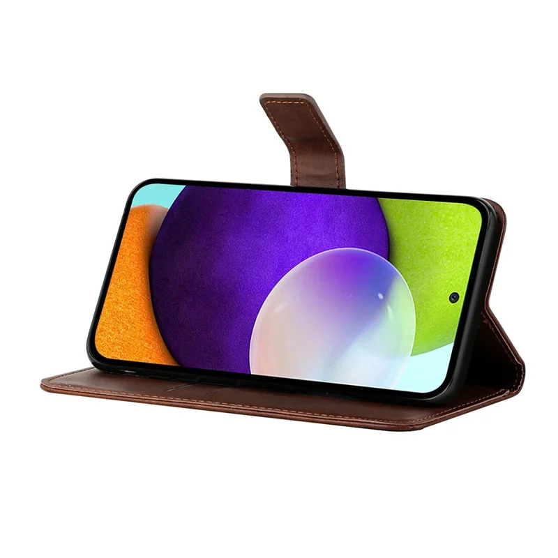 Solid Color Well-protected Wallet Stand Design PU Leather Phone Cover with Strap for Samsung Galaxy A12 - Coffee