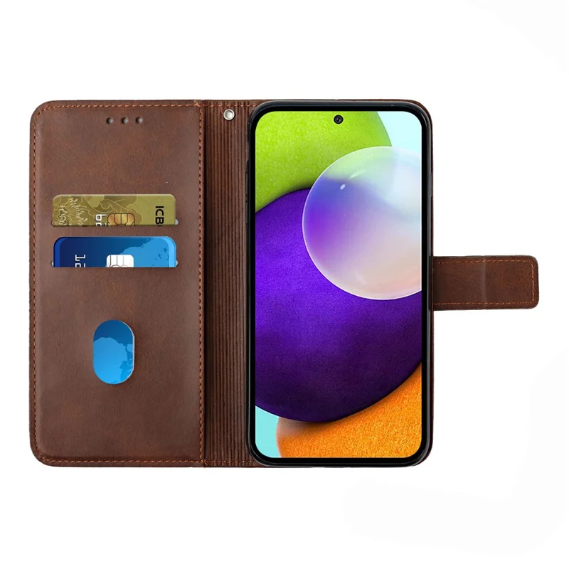 Solid Color Well-protected Wallet Stand Design PU Leather Phone Cover with Strap for Samsung Galaxy A12 - Coffee