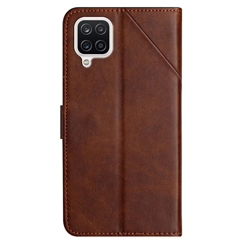Solid Color Well-protected Wallet Stand Design PU Leather Phone Cover with Strap for Samsung Galaxy A12 - Coffee