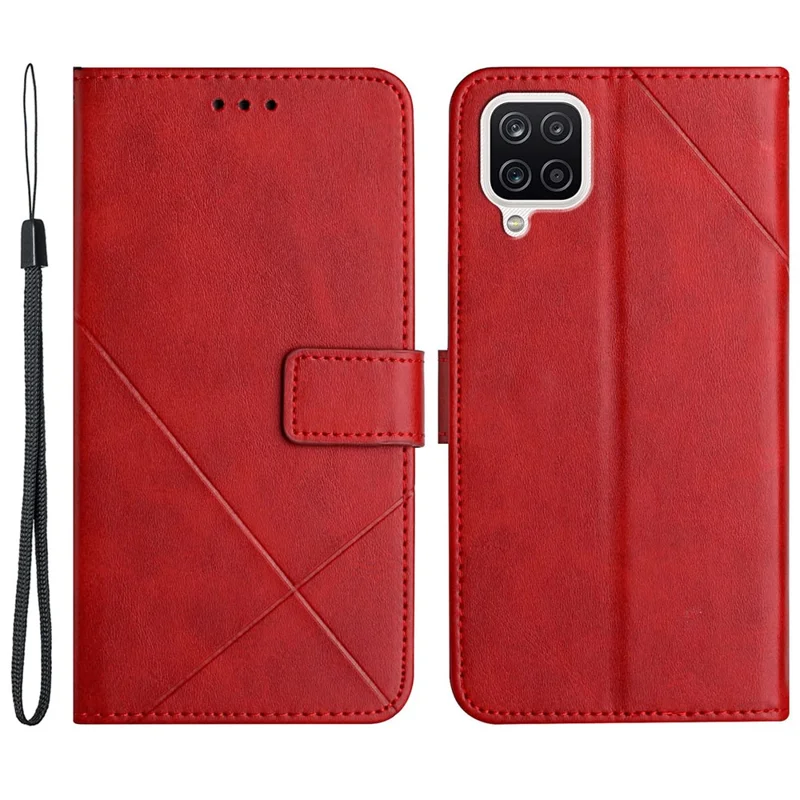 Solid Color Well-protected Wallet Stand Design PU Leather Phone Cover with Strap for Samsung Galaxy A12 - Red