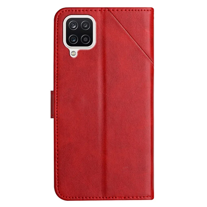 Solid Color Well-protected Wallet Stand Design PU Leather Phone Cover with Strap for Samsung Galaxy A12 - Red