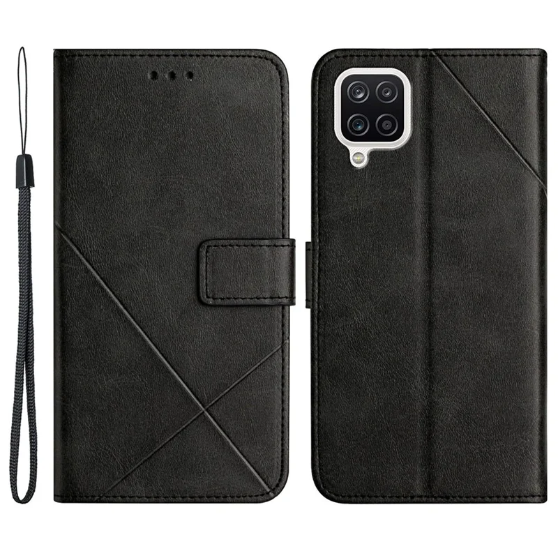 Solid Color Well-protected Wallet Stand Design PU Leather Phone Cover with Strap for Samsung Galaxy A12 - Black