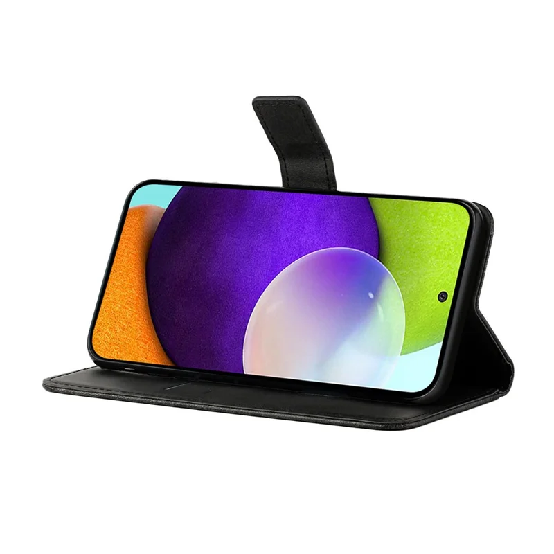 Solid Color Well-protected Wallet Stand Design PU Leather Phone Cover with Strap for Samsung Galaxy A12 - Black