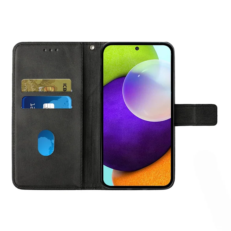 Solid Color Well-protected Wallet Stand Design PU Leather Phone Cover with Strap for Samsung Galaxy A12 - Black