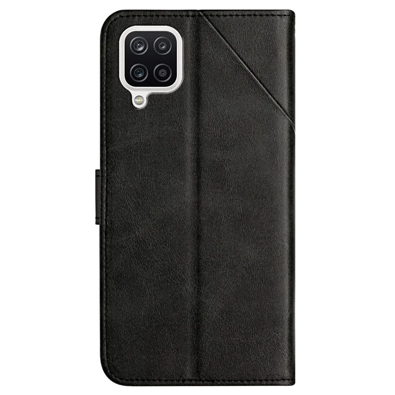 Solid Color Well-protected Wallet Stand Design PU Leather Phone Cover with Strap for Samsung Galaxy A12 - Black