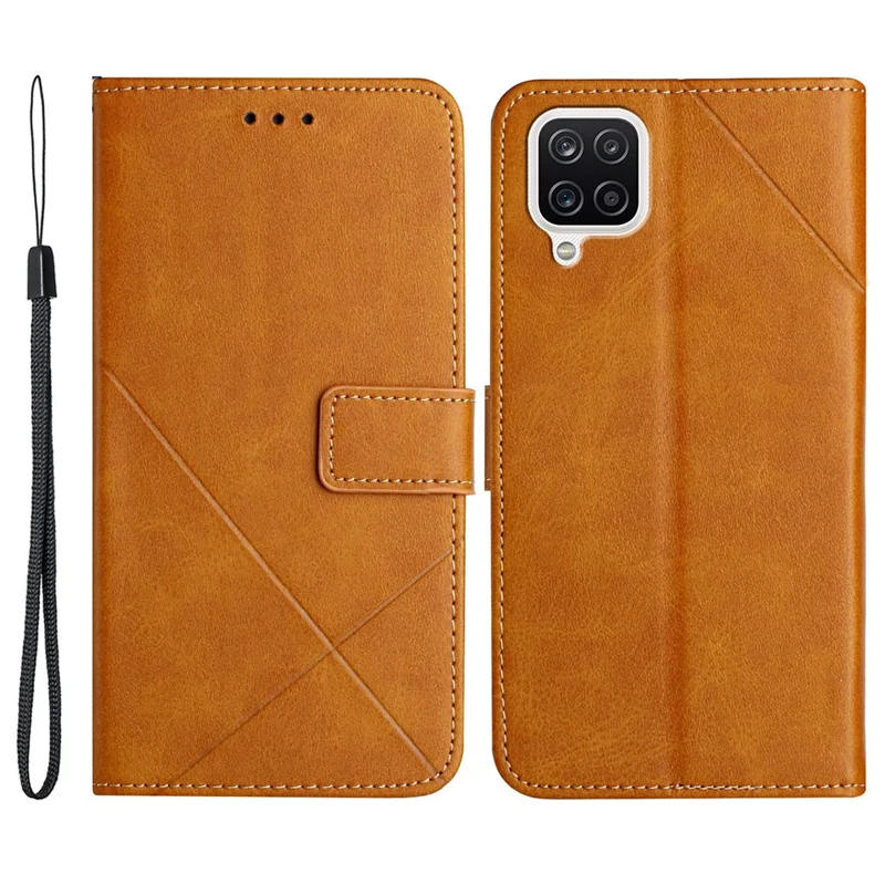 Solid Color Well-protected Wallet Stand Design PU Leather Phone Cover with Strap for Samsung Galaxy A12 - Brown