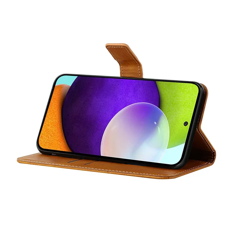 Solid Color Well-protected Wallet Stand Design PU Leather Phone Cover with Strap for Samsung Galaxy A12 - Brown