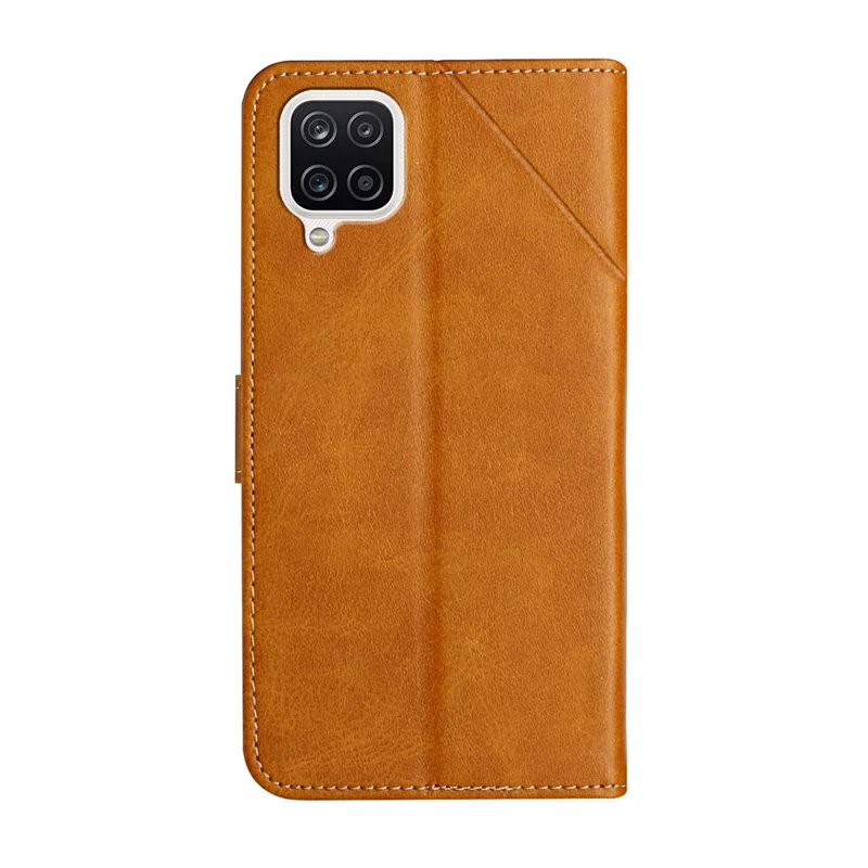 Solid Color Well-protected Wallet Stand Design PU Leather Phone Cover with Strap for Samsung Galaxy A12 - Brown