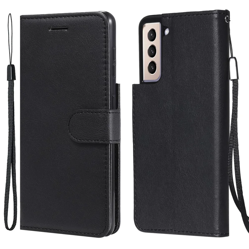Handyhülle für Samsung Galaxy S21 5G / 4G, Ledertasche in Uni-Design mit Standfunktion und Gurt – Schwarz