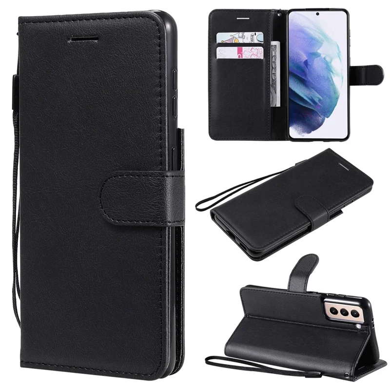 Handyhülle für Samsung Galaxy S21 5G / 4G, Ledertasche in Uni-Design mit Standfunktion und Gurt – Schwarz