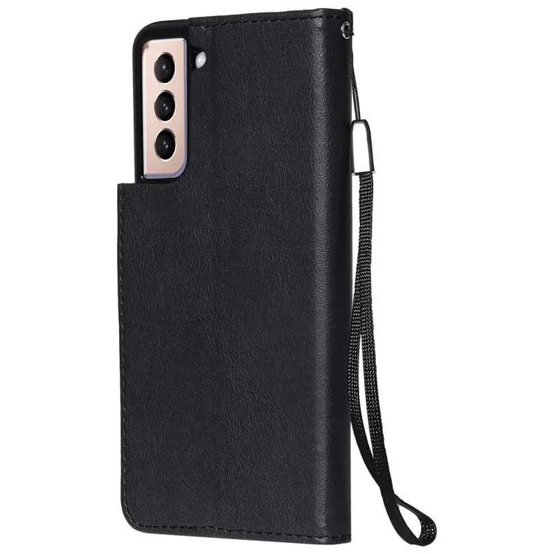 Handyhülle für Samsung Galaxy S21 5G / 4G, Ledertasche in Uni-Design mit Standfunktion und Gurt – Schwarz