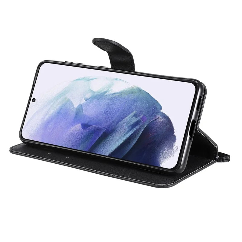 Handyhülle für Samsung Galaxy S21 5G / 4G, Ledertasche in Uni-Design mit Standfunktion und Gurt – Schwarz