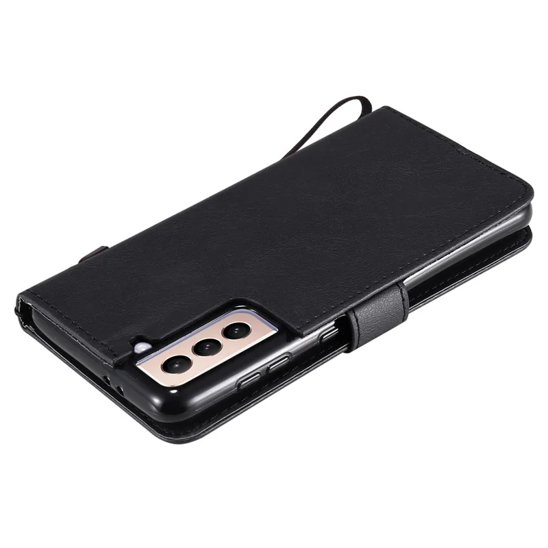 Handyhülle für Samsung Galaxy S21 5G / 4G, Ledertasche in Uni-Design mit Standfunktion und Gurt – Schwarz