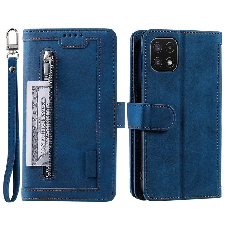 9 Карт Слотов PU Кожаный Сотовой Телефон Case Cover Cover с Ремешком Для Samsung Galaxy A22 5G (версия Eu) - Синий