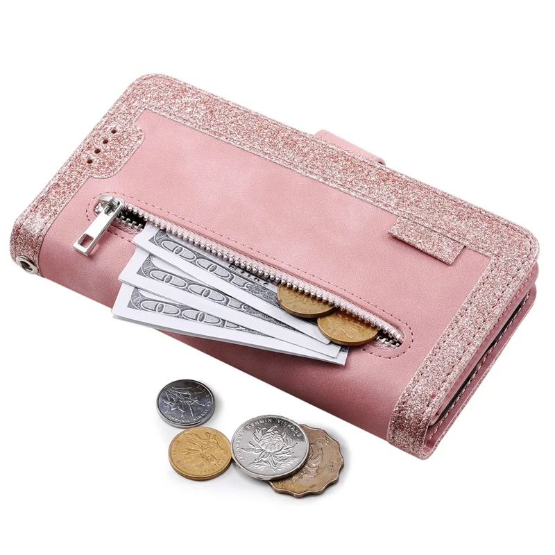 9 Card Slots PU Leather Cell Phone Stand Case Wallet Cover with Strap for Samsung Galaxy A22 5G (EU Version) - Pink
