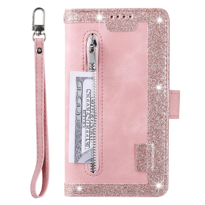 9 Card Slots PU Leather Cell Phone Stand Case Wallet Cover with Strap for Samsung Galaxy A22 5G (EU Version) - Pink