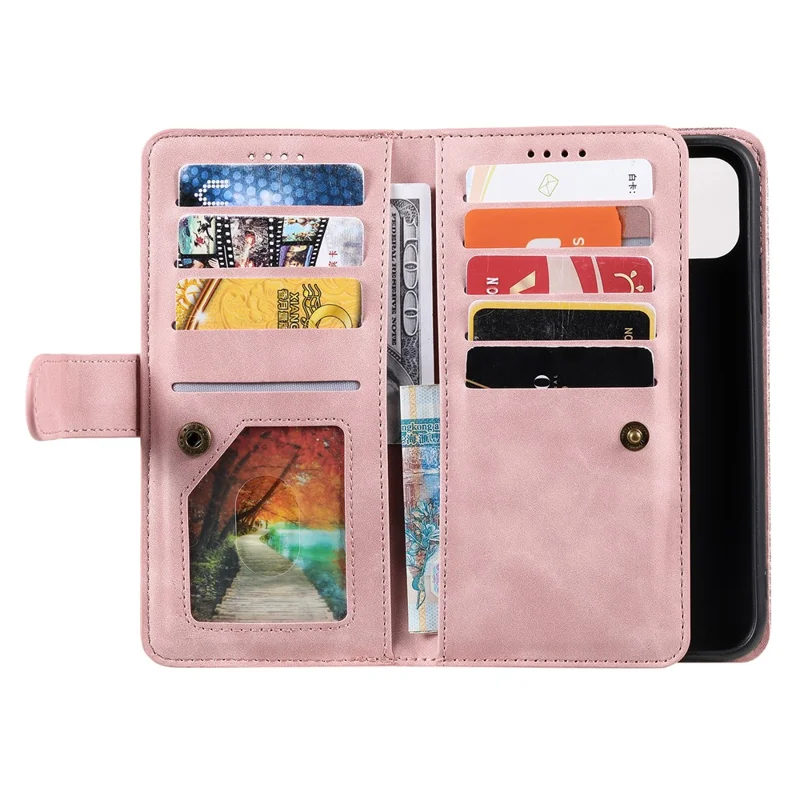 9 Card Slots PU Leather Cell Phone Stand Case Wallet Cover with Strap for Samsung Galaxy A22 5G (EU Version) - Pink