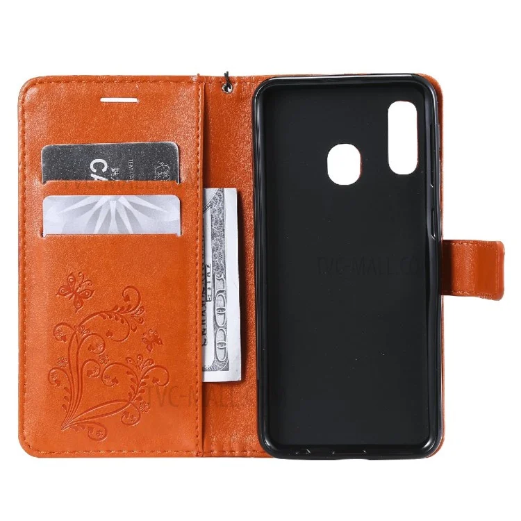 For Samsung Galaxy A20e / A202 Wallet Case Floral Butterfly Imprinted Leather Phone Cover Stand - Orange