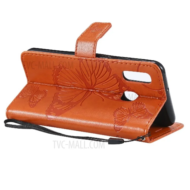 For Samsung Galaxy A20e / A202 Wallet Case Floral Butterfly Imprinted Leather Phone Cover Stand - Orange