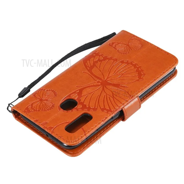 For Samsung Galaxy A20e / A202 Wallet Case Floral Butterfly Imprinted Leather Phone Cover Stand - Orange