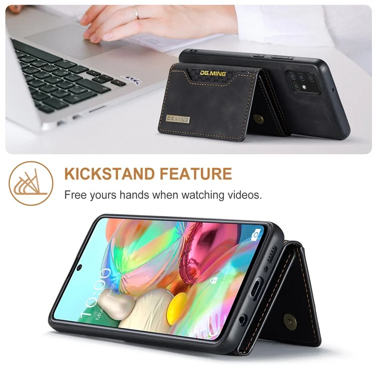 DG.MING M2 Series 360° Powerful Protection Wireless Charging Detachable Wallet 2-in-1 Hybrid Phone Case with Kickstand for Samsung Galaxy A71 4G SM-A715 - Black