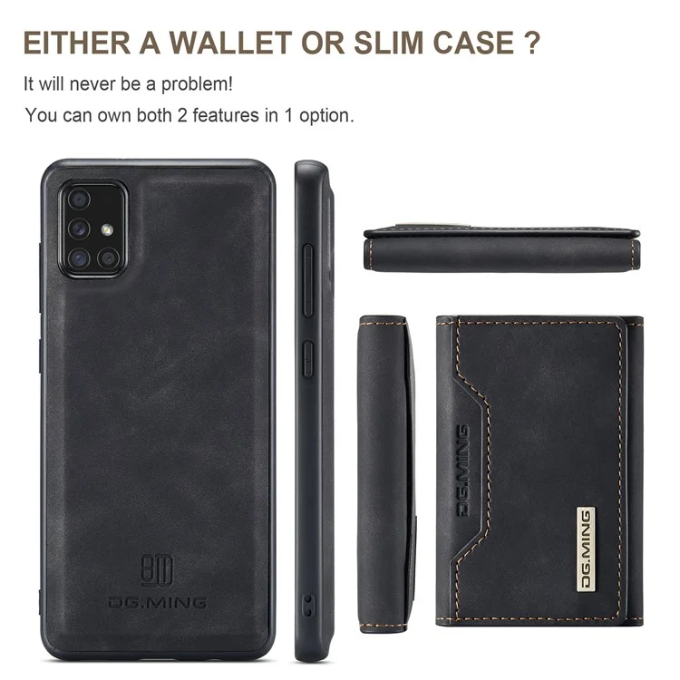 DG.MING M2 Series 360° Powerful Protection Wireless Charging Detachable Wallet 2-in-1 Hybrid Phone Case with Kickstand for Samsung Galaxy A71 4G SM-A715 - Black
